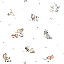 Galerie Wallcoverings Product Code 14830 - Little Explorers 2 Wallpaper Collection - Blue Colours - Bring your walls to life with this cute wallpaper design. Featuring friendly animals such as donkeys, chickens and pigs, this unique and adorable wallpaper is ideal for sparking their imagination, whether they are babies or older. Suitable for using as a sweet nursery wallpaper, this animal inspired design is available in a white and beige colourway, and is ideal for creating a modern and warm feel in your child’s bedroom or playroom.  Design