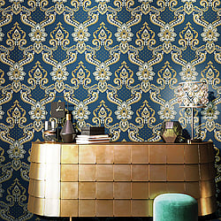 Galerie Wallcoverings Product Code 42509 - Opulence Wallpaper Collection - Navy Blue Gold Colours - Luxury Italian Damask Design