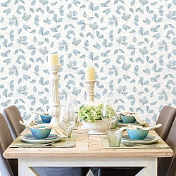 Galerie Wallcoverings Product Code 7302 - Evergreen Wallpaper Collection - Blue Beige Colours - Fossil Leaf Toss Design