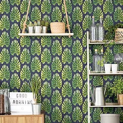 Galerie Wallcoverings Product Code 7328 - Evergreen Wallpaper Collection - Green Navy Colours - Leaf Stripe Design