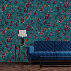 Galerie Wallcoverings Product Code DA23243 - Luxe Wallpaper Collection - Green Red Colours - Blooms and Birds Design