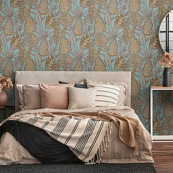 Galerie Wallcoverings Product Code FL61114 - Flourish Wallpaper Collection - Beige/Blue Colours - Grafic Leaves Motif Design